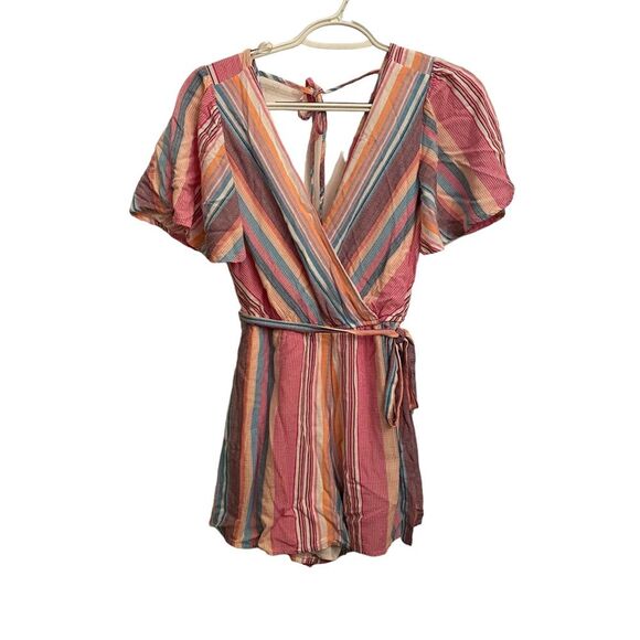 Blue Rain Amie Tie Backless Butterfly Sleeve Belted Rainbow Striped Romper XXS - Picture 1 of 7